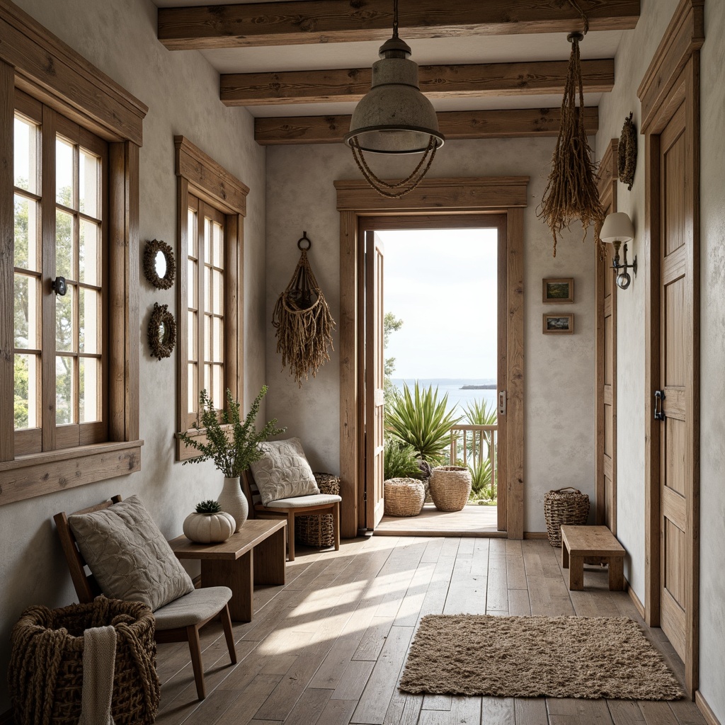 Prompt: Rustic coastal mudroom, driftwood accents, nautical ropes, distressed wood floors, woven sea grass rugs, vintage fishing nets, coral-inspired lighting fixtures, pendant lanterns with rope details, weathered metal shades, soft warm glow, subtle ocean breeze, natural textures, earthy tones, beachy vibe, 1/1 composition, realistic render, ambient occlusion.