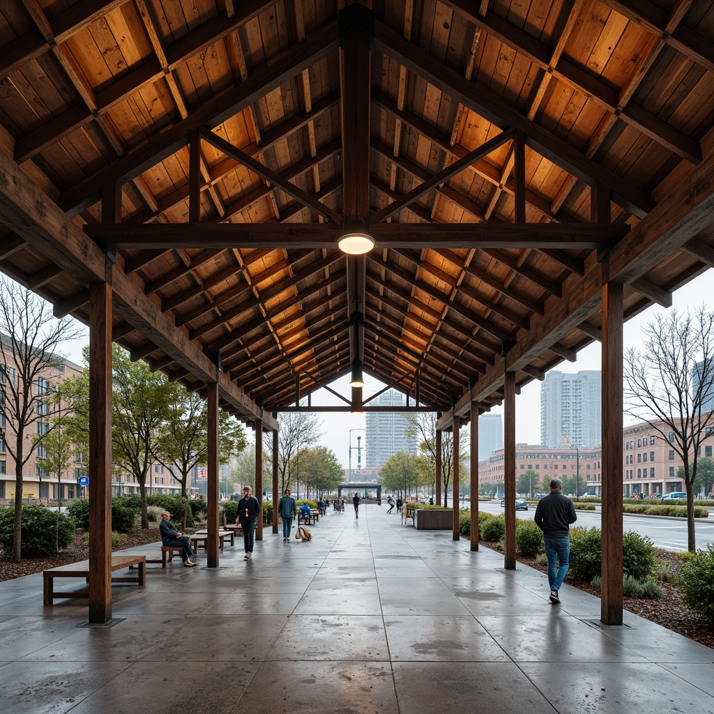 Prompt: Rustic pavilion, exposed wooden beams, industrial metal framework, reclaimed wood accents, vintage metal lighting, distressed concrete floors, urban cityscape, overcast sky, soft warm lighting, shallow depth of field, 1/2 composition, realistic textures, ambient occlusion.