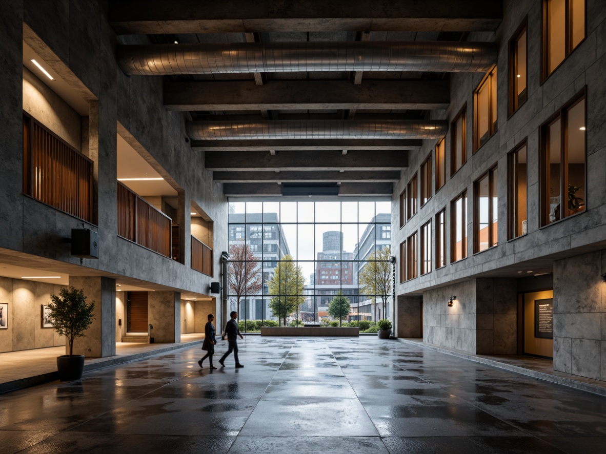 Prompt: Brutalist performing arts center, concrete brutalism architecture, raw exposed ductwork, industrial metal beams, minimalist decor, functional acoustic panels, sound-absorbing materials, geometric patterned walls, cold tone lighting, dramatic shadows, urban cityscape views, rainy day ambiance, shallow depth of field, 1/2 composition, realistic textures, ambient occlusion.