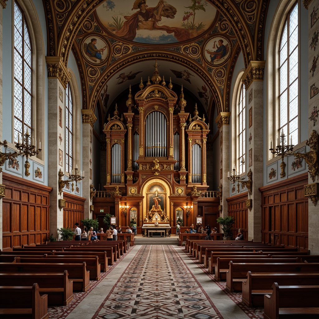 Prompt: Ornate altar, intricately carved wooden pews, lavish stained glass windows, opulent chandeliers, rich velvet drapes, geometric patterned marble floors, ornamental golden accents, vintage bronze fixtures, luxurious silk textiles, elaborate fresco ceilings, grandiose architectural details, symmetrical composition, warm soft lighting, shallow depth of field, 1/1 aspect ratio, realistic textures, ambient occlusion.