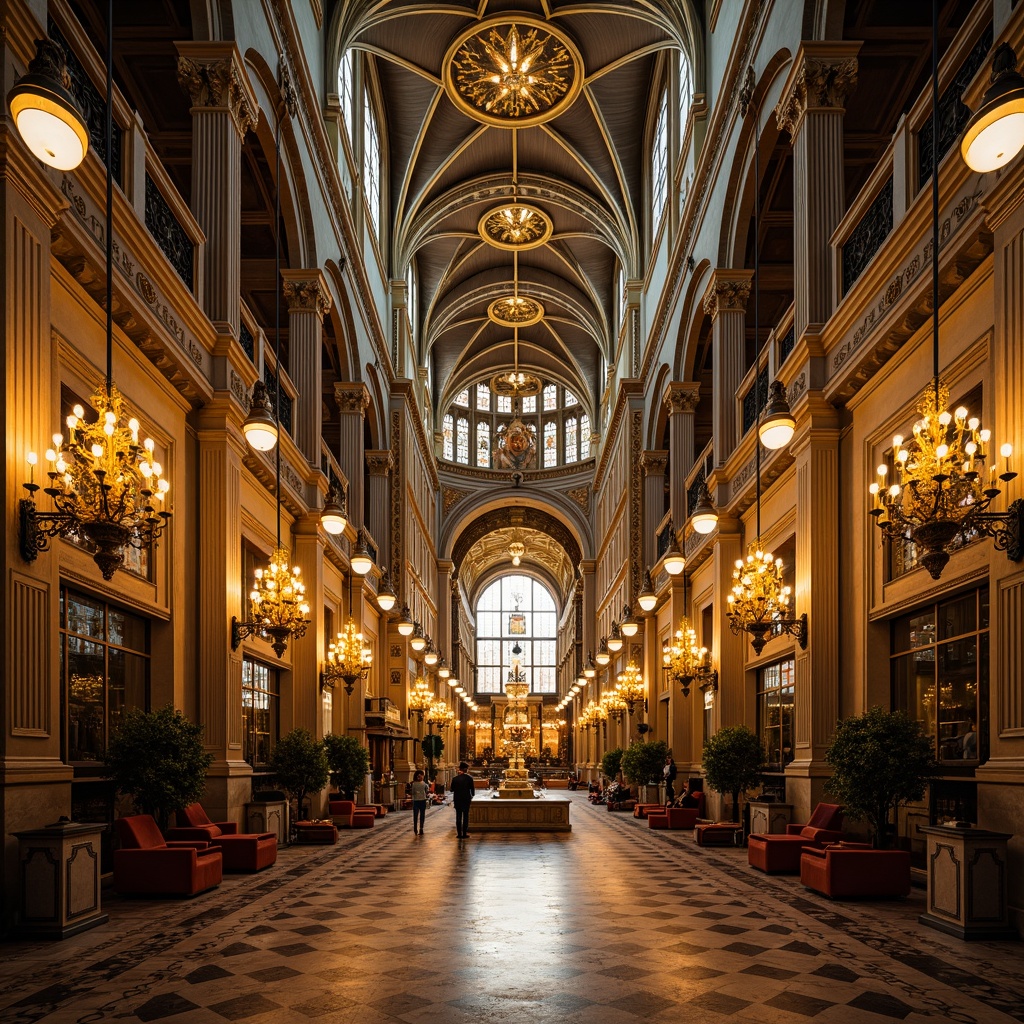 Prompt: Grandiose cathedral, ornate facade, symmetrical architecture, golden accents, stained glass windows, intricate mosaics, marble flooring, lavish chandeliers, ornamental pillars, vaulted ceilings, dramatic lighting, warm earthy tones, luxurious textiles, geometric patterns, metallic inlays, spiritual ambiance, serene atmosphere, soft focus, shallow depth of field, 1/2 composition, realistic reflections, ambient occlusion.