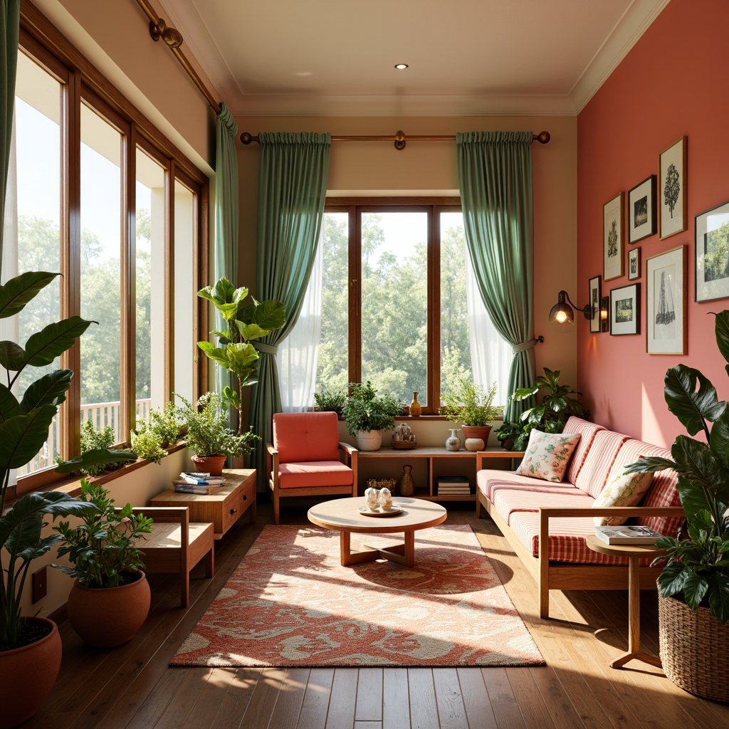 Prompt: Vibrant sunroom, warm natural light, earthy color palette, terracotta pots, lush greenery, wooden accents, mid-century modern furniture, geometric patterns, bold graphic prints, retro-inspired decor, warm beige walls, rich walnut flooring, creamy white trim, soft sage curtains, pops of coral pink, sunny afternoon, shallow depth of field, 1/1 composition, realistic textures, ambient occlusion.