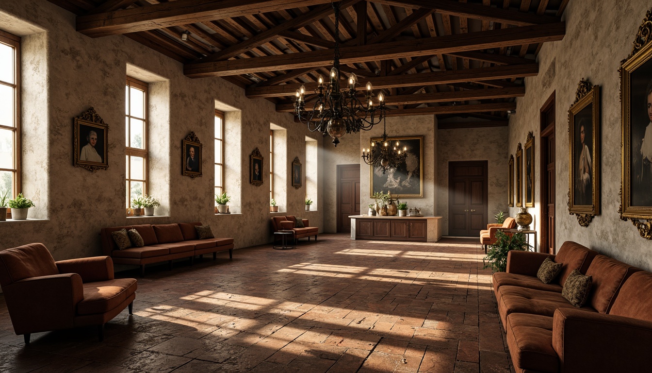 Prompt: Rustic monastery interior, distressed stone walls, worn wooden floors, ornate metalwork details, arched windows, vaulted ceilings, grand chandeliers, luxurious velvet fabrics, rich brown leather upholstery, intricately carved wood panels, subtle candle lighting, warm golden tones, soft diffused shadows, 1/1 composition, realistic textures, ambient occlusion.