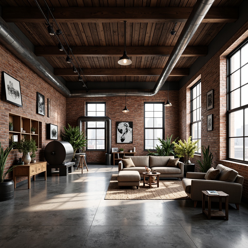 Prompt: Exposed brick walls, metal beams, reclaimed wood accents, industrial chic lighting, polished concrete floors, functional machinery, eclectic vintage decor, open concept layout, high ceilings, large windows, natural light, urban loft atmosphere, converted warehouse space, modern minimalist furniture, distressed finishes, edgy architectural details, dynamic shadows, dramatic contrast, 1/2 composition, cinematic lighting, gritty textures, ambient occlusion.