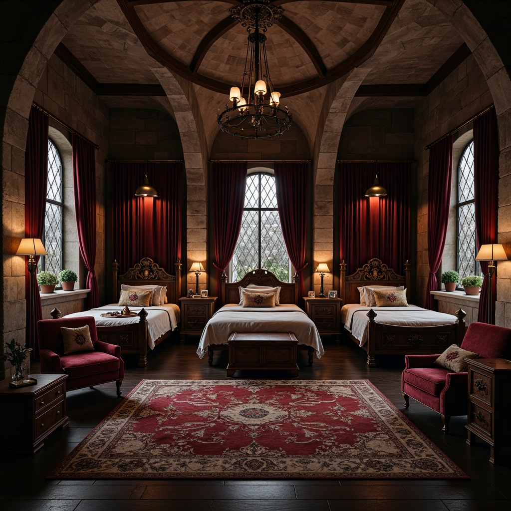 Prompt: Dark mysterious kids' room, gothic arches, stone walls, medieval-inspired furniture, ornate wooden beds, velvet curtains, mystical lanterns, intricate carvings, mysterious chests, secret compartments, dim warm lighting, rich wood tones, luxurious fabrics, eerie shadows, mysterious atmosphere, dramatic color palette, bold architectural elements, grandiose chandeliers, lavish textiles, ancient tomes, mysterious artifacts.