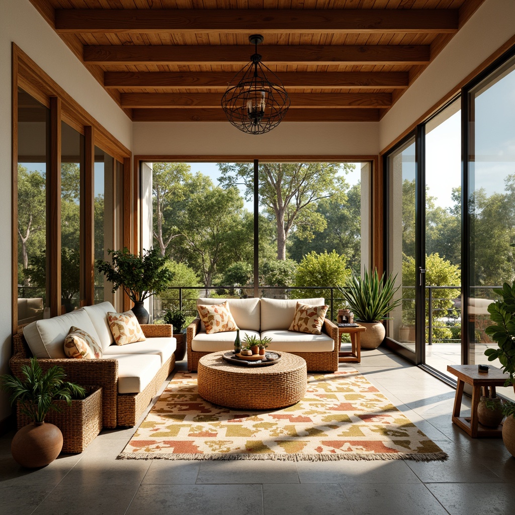 Prompt: Warm sunroom, mid-century modern style, large windows, sliding glass doors, natural stone flooring, wooden ceiling beams, woven wicker furniture, plush velvet upholstery, geometric patterned rugs, vintage metal lighting fixtures, earthy tone color palette, organic shapes, botanical prints, lush greenery, potted plants, terracotta pots, warm sunny day, soft diffused light, shallow depth of field, 1/1 composition, realistic textures, ambient occlusion.