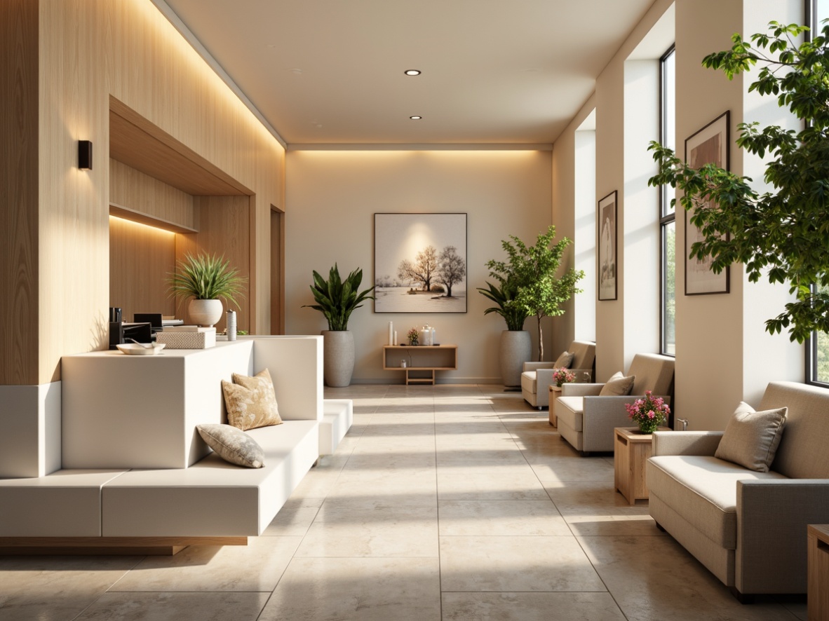 Prompt: Calming healthcare facility, soft beige walls, creamy white countertops, warm wooden accents, comfortable seating areas, natural stone flooring, minimalist decor, gentle LED lighting, peaceful ambient sounds, serene water features, lush green plants, calming artwork, soothing color scheme, subtle texture variations, shallow depth of field, 1/1 composition, realistic rendering, ambient occlusion.