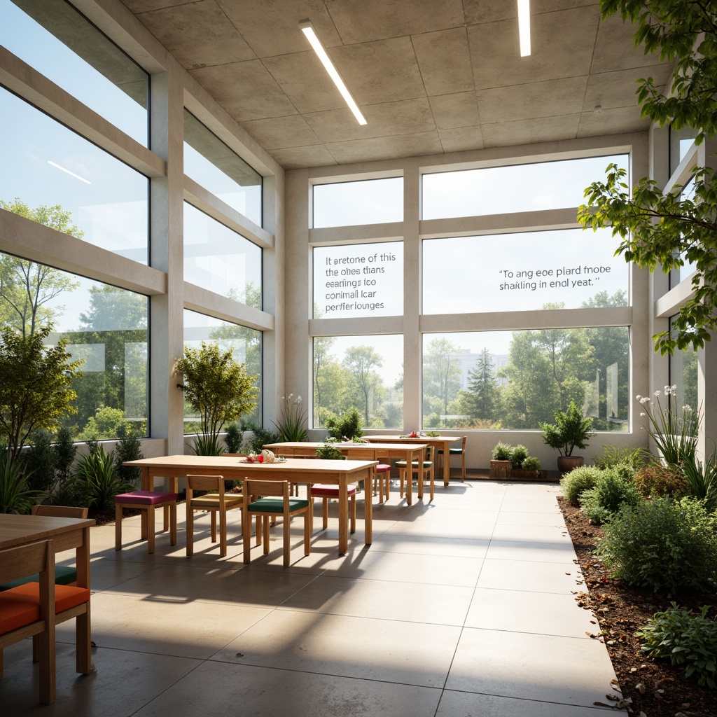 Prompt: Bright educational setting, natural light pouring in, large windows, transparent glass walls, reflective surfaces, minimal shading devices, open floor plans, collaborative learning spaces, wooden tables, colorful chairs, inspirational quotes, green plants, calm atmosphere, soft warm lighting, 1/1 composition, shallow depth of field, realistic textures, ambient occlusion.