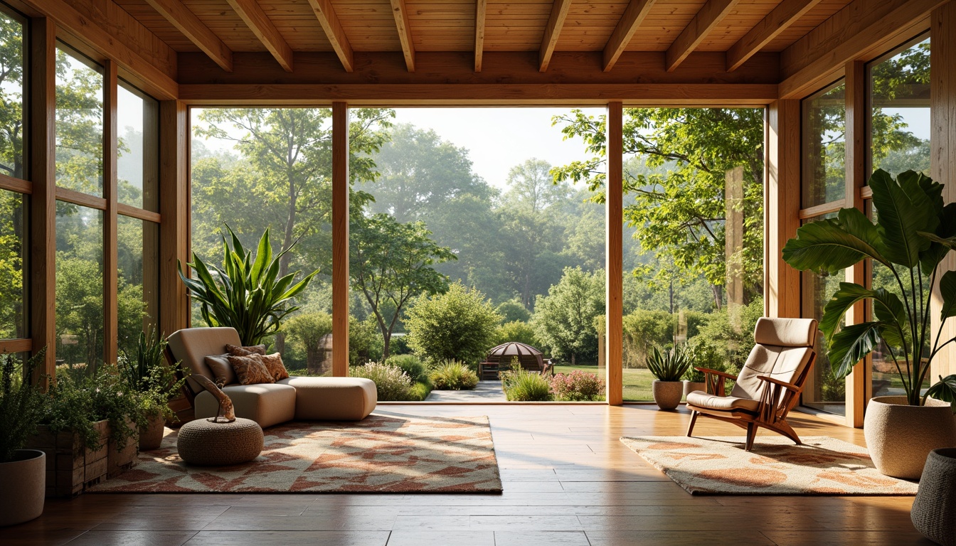 Prompt: Bright sunroom, mid-century modern style, large windows, sliding glass doors, natural light pouring in, warm wooden floors, minimalist decor, greenery views, lush plants, sleek lines, organic shapes, earthy tones, cozy reading nooks, plush armchairs, geometric patterned rugs, soft warm lighting, shallow depth of field, 3/4 composition, panoramic view, realistic textures, ambient occlusion.