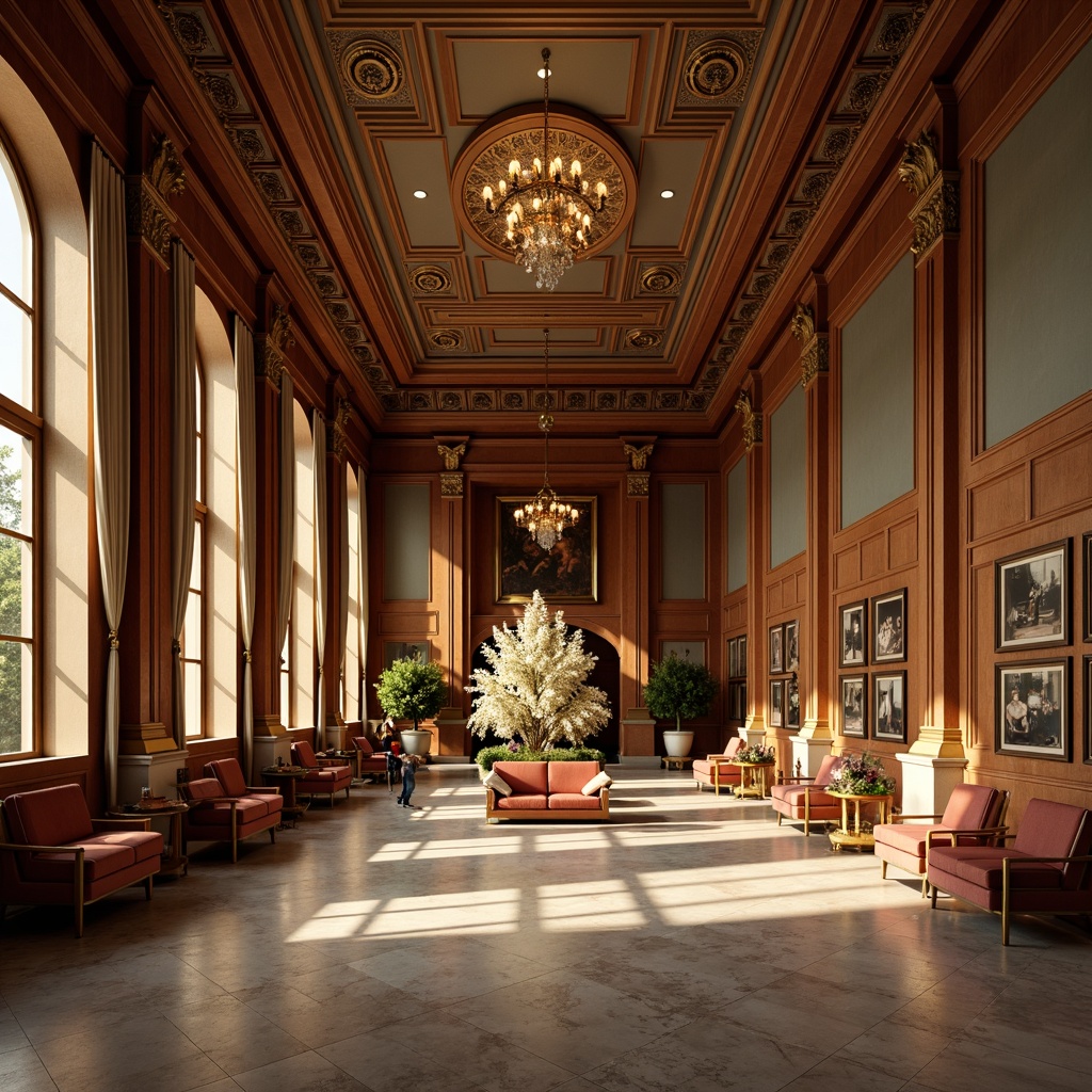 Prompt: Elegant gallery space, high ceilings, ornate moldings, classic columns, luxurious fabrics, rich wood tones, polished marble floors, crystal chandeliers, warm golden lighting, soft shadows, subtle gradient effects, realistic textures, ambient occlusion, 1/1 composition, shallow depth of field, dramatic focal points, sophisticated color palette, refined ornamentation, opulent furnishings, lavish decorative elements.