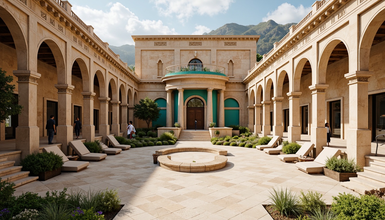 Prompt: Elegant amphitheater, ancient Greek architecture, soft beige limestone, warm terracotta columns, majestic arches, ornate carvings, rich emerald greenery, vibrant turquoise accents, creamy white marble, rustic bronze details, subtle golden lighting, shallow depth of field, 1/1 composition, symmetrical framing, realistic textures, ambient occlusion.