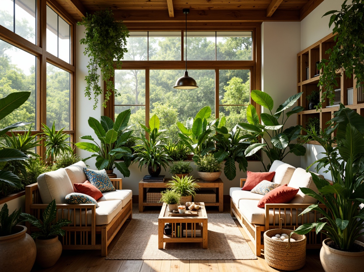 Prompt: Vibrant tropical living room, lush greenery, exotic plants, wicker furniture, rattan decor, natural textiles, earthy color palette, wooden accents, large windows, bright sunlight, warm ambiance, cozy reading nook, potted palms, colorful blooms, delicate ferns, trailing ivy, modern planter designs, rustic wooden shelves, woven baskets, organic shapes, soft warm lighting, shallow depth of field, 1/1 composition, intimate atmosphere.