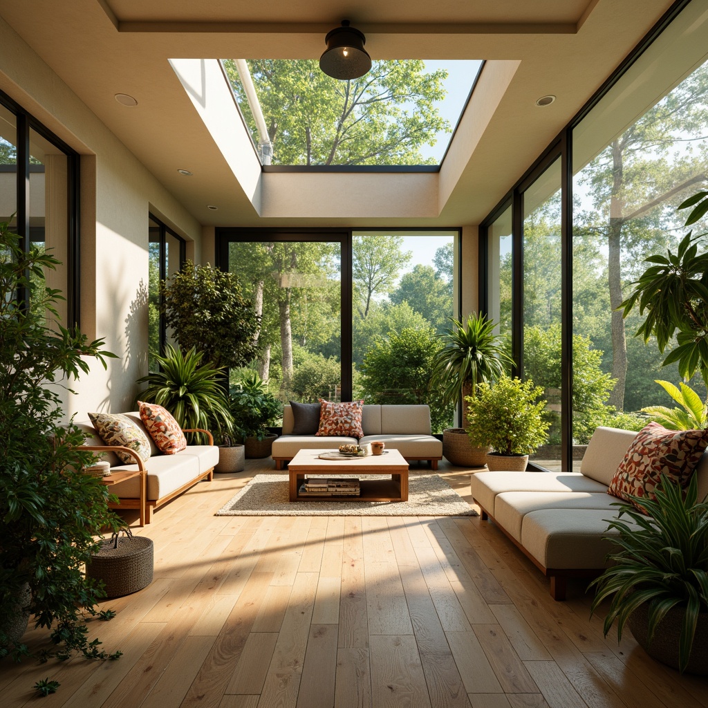 Prompt: Vibrant sunroom, lush greenery, natural light pouring in, minimalist decor, sleek modern furniture, polished wooden floors, floor-to-ceiling windows, sliding glass doors, warm beige walls, cozy reading nooks, plush cushions, potted plants, soft warm lighting, shallow depth of field, 3/4 composition, panoramic view, realistic textures, ambient occlusion.