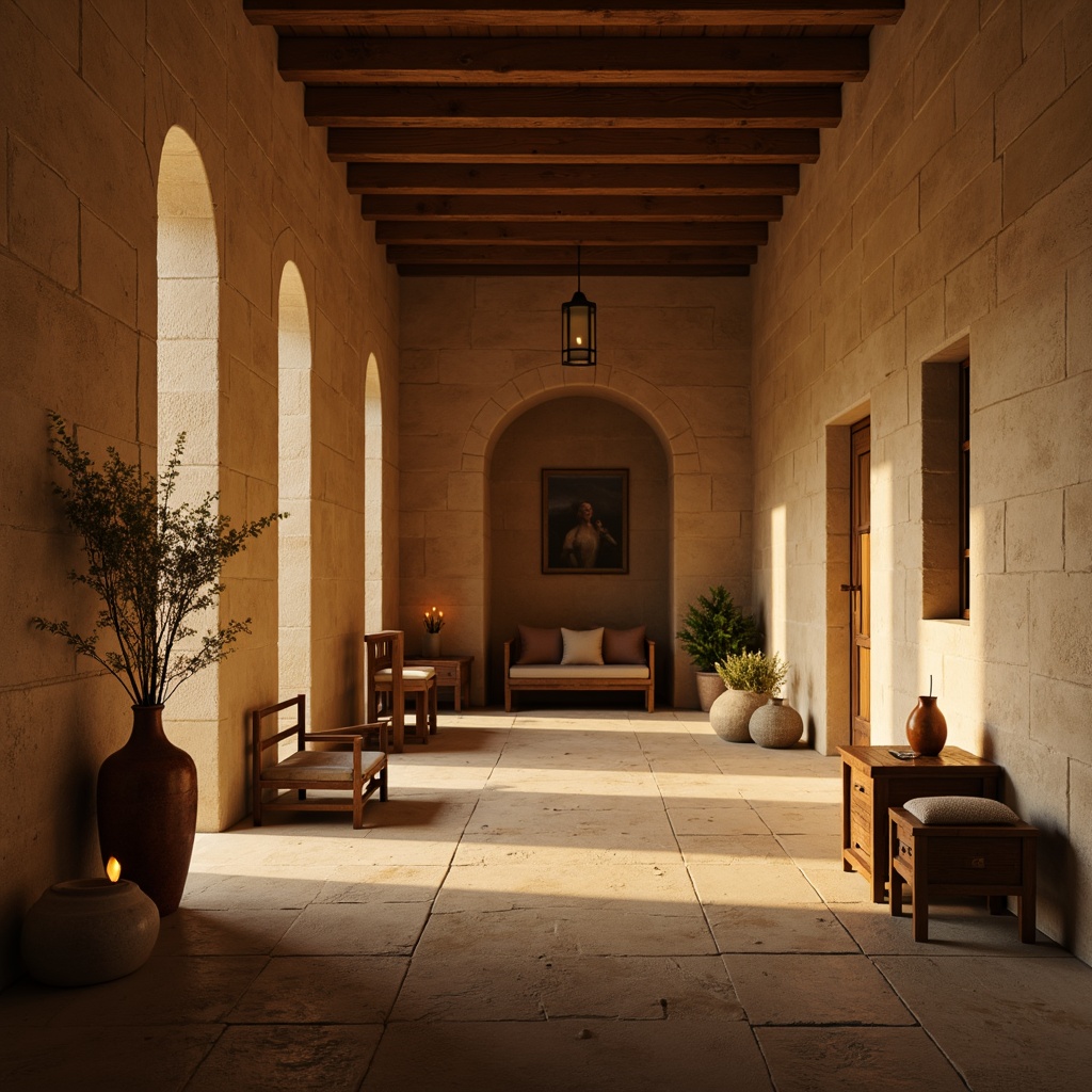 Prompt: Serene monastery interior, warm beige stone walls, minimalist decor, candlelit ambiance, soft warm lighting, subtle shadows, natural textures, wooden accents, simple furnishings, peaceful atmosphere, calm colors, gentle glow, indirect illumination, atmospheric misting, cinematic composition, shallow depth of field, 1/1 aspect ratio, realistic rendering, ambient occlusion.