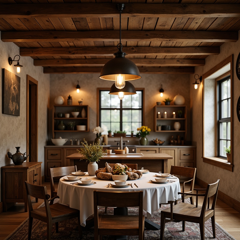 Prompt: Rustic farmhouse, wooden accents, vintage decor, cozy atmosphere, warm glow, pendant lighting, metal shades, Edison bulbs, distressed finishes, natural textures, stone walls, exposed beams, earthy tones, soft warm lighting, layered lighting, ambient illumination, rustic metal lanterns, candlelight, dimmable fixtures, eclectic decorative pieces.