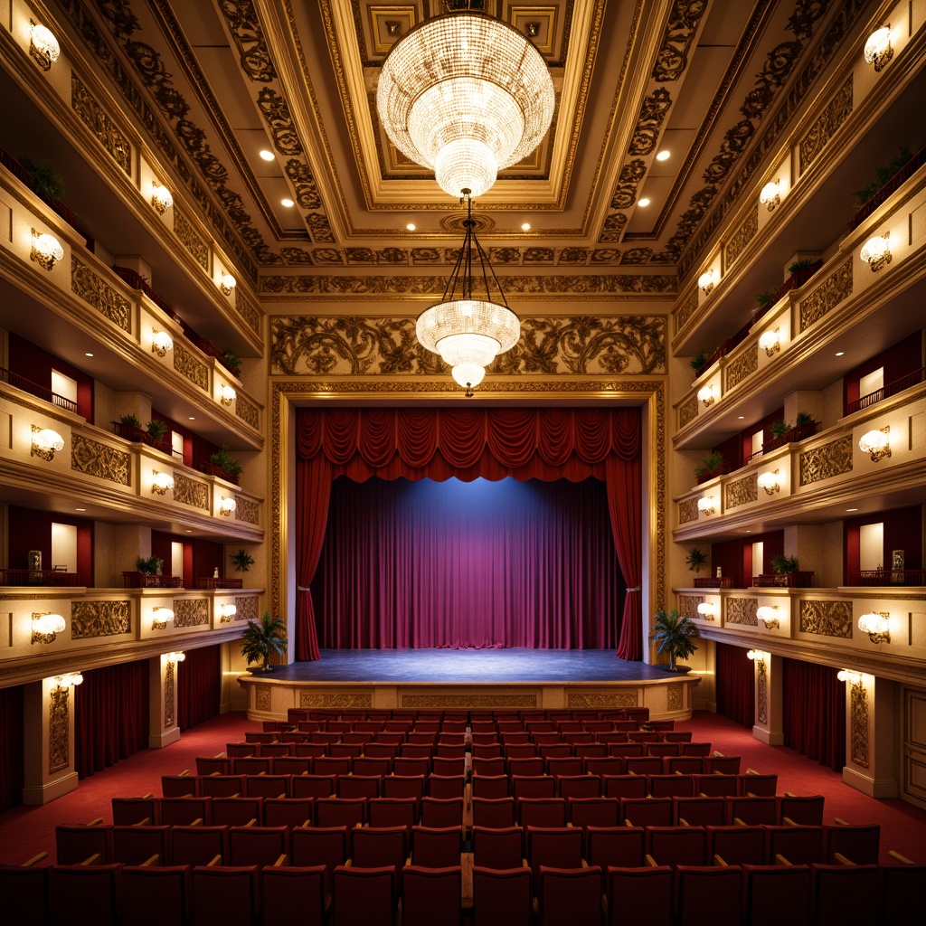 Prompt: Elegant theater interior, neoclassical architectural style, ornate plaster moldings, crystal chandeliers, rich velvet curtains, gilded frames, intricate carvings, marble columns, grand balconies, red carpeting, luxurious upholstery, dramatic spotlights, warm golden lighting, shallow depth of field, 1/1 composition, realistic textures, ambient occlusion.