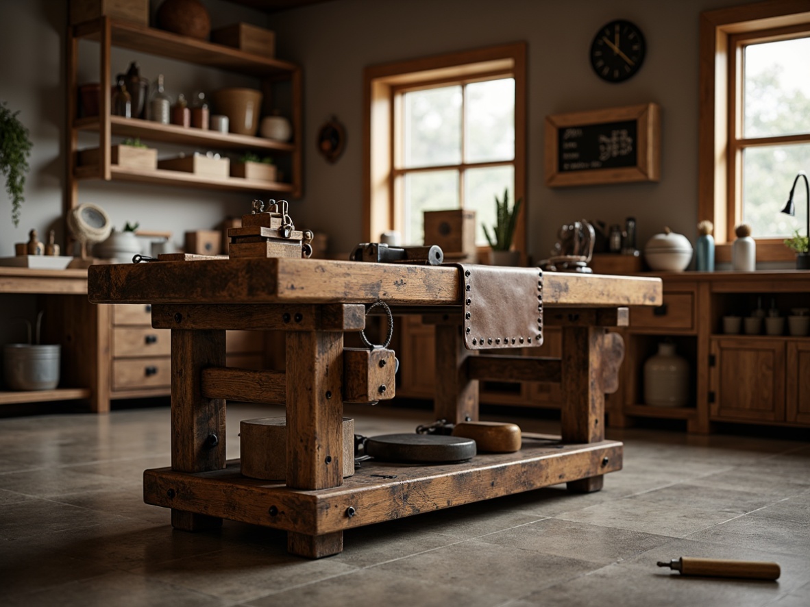 Prompt: Rustic wooden workbench, sturdy metal legs, vice grips, tool organizers, built-in storage cabinets, leather-studded apron, warm workshop lighting, cement floor, industrial-style windows, wooden crate shelving, distressed wood textures, earthy color palette, cozy atmosphere, soft natural light, shallow depth of field, 1/1 composition, realistic render.