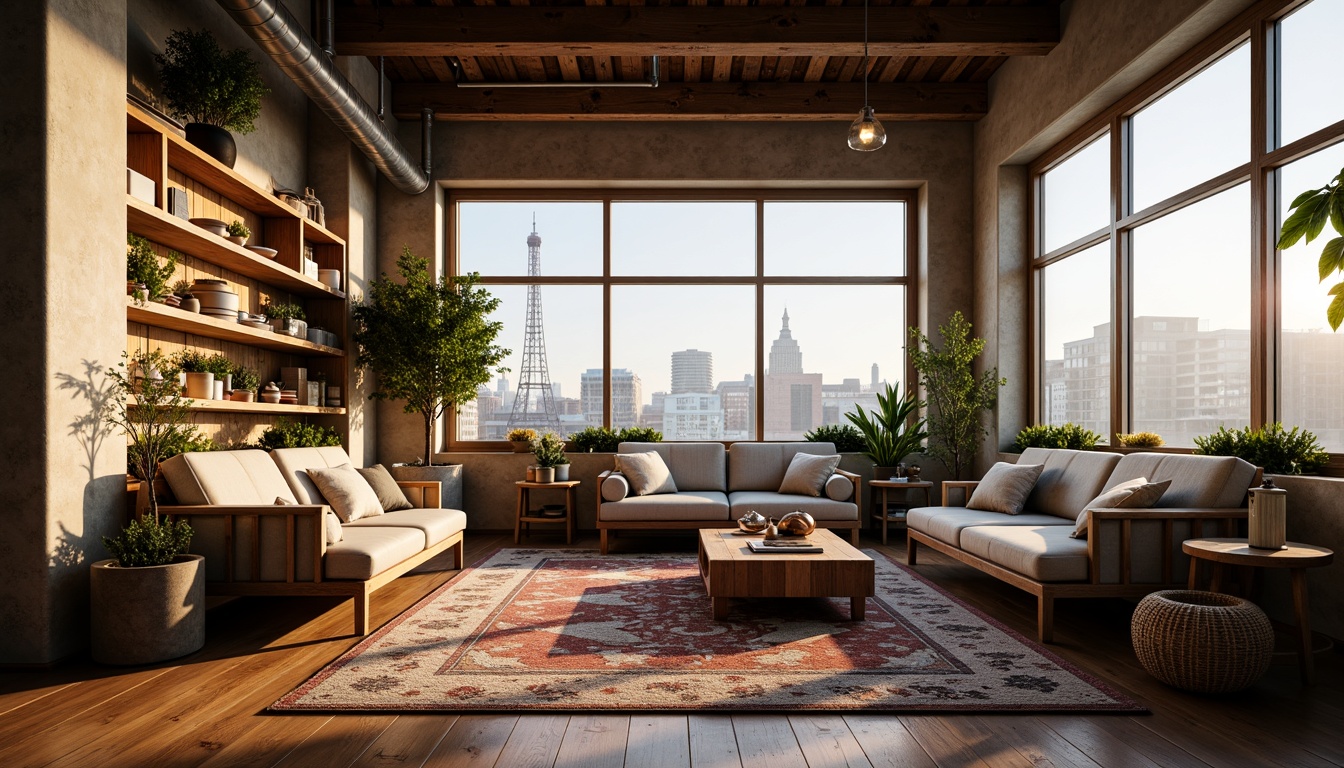 Prompt: Cozy loft apartment, plush area rug, comfortable seating arrangement, warm wood accents, soft throw blankets, vintage textiles, eclectic pattern mix, natural fiber upholstery, rustic wooden beams, industrial chic decor, abundant natural light, large windows, cityscape view, gentle warm lighting, shallow depth of field, 1/1 composition, intimate atmosphere.