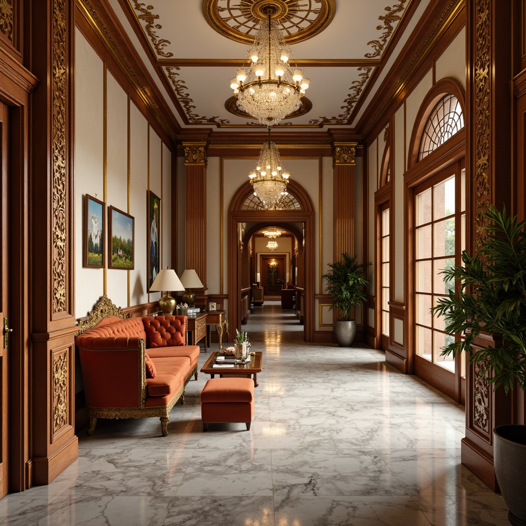 Prompt: Elegant classic interior, rich wood tones, ornate furnishings, intricately carved details, polished marble floors, cream-colored walls, gilded accents, velvet upholstery, tufted leather sofas, antique bronze hardware, crystal chandeliers, ornamental moldings, subtle texture contrast, warm golden lighting, 1/1 composition, soft focus blur, realistic reflections.