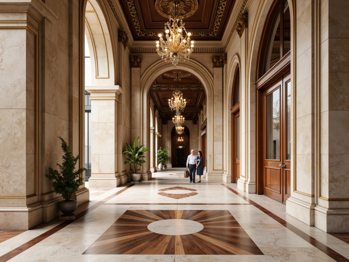 Prompt: Elegant neoclassical interior, high-polished marble floors, cream-colored limestone tiles, ornate parquet patterns, rich walnut wood flooring, intricate inlays, classical arches, grand columns, luxurious chandeliers, soft warm lighting, subtle shadows, shallow depth of field, 1/1 composition, symmetrical framing, realistic textures, ambient occlusion.