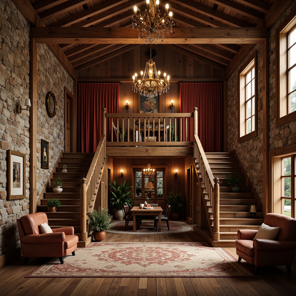 Prompt: Rustic hall interior, wooden accents, exposed beams, natural stone walls, earthy tones, warm lighting, ornate chandeliers, plush furnishings, rich textiles, velvet drapes, distressed wood paneling, vintage decorative items, traditional architectural details, grand staircase, elegant railings, sophisticated color palette, soft focus, 1/1 composition, intimate atmosphere.