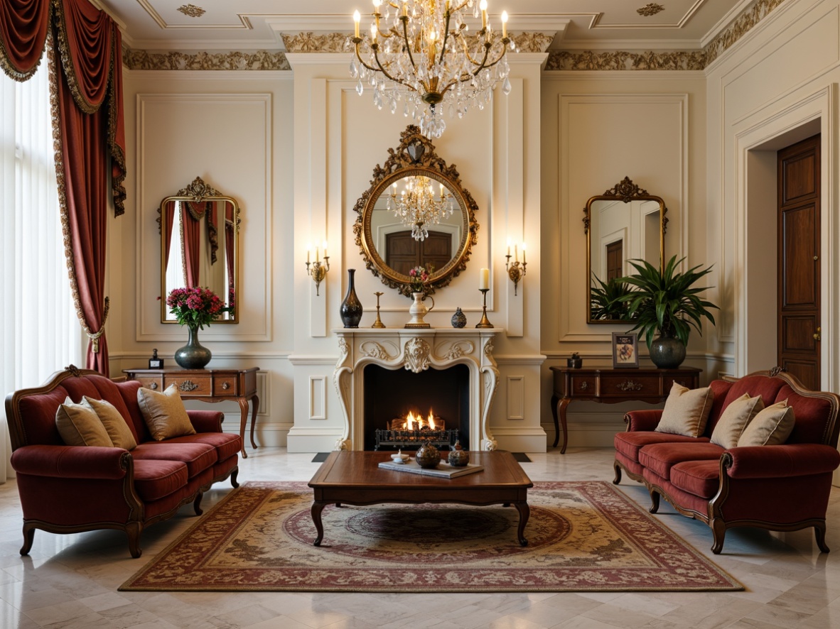 Prompt: \Elegant family room, rich velvet sofas, intricately carved wooden furniture, ornate mirrors, subtle cream-colored walls, lavish crystal chandeliers, refined neoclassical architecture, decorative moldings, subtle gold accents, luxurious silk drapes, polished marble floors, warm soft lighting, shallow depth of field, 1/2 composition, realistic textures, ambient occlusion.\