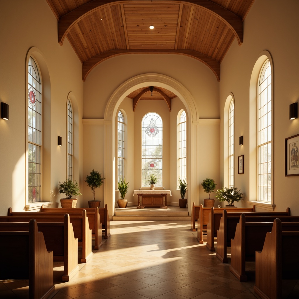 Prompt: Soothing chapel interior, warm natural light, stained glass windows, soft warm tones, gentle arches, minimalist decor, peaceful ambiance, serene atmosphere, subtle shadows, wooden pews, ornate altar, delicate patterns, calming colors, sacred symbols, soft focus, shallow depth of field, 1/1 composition, realistic textures, ambient occlusion.