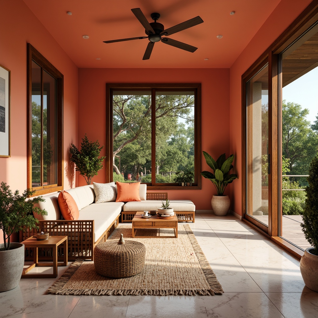 Prompt: Vibrant sunroom, warm natural light, earthy terracotta walls, large windows, sliding glass doors, wooden accents, rattan furniture, woven textiles, bold geometric patterns, rich walnut wood tones, soft sage greenery, creamy white marble floors, warm beige upholstery, pops of bright coral, sunny afternoon, soft diffused lighting, shallow depth of field, 1/1 composition, realistic textures, ambient occlusion.