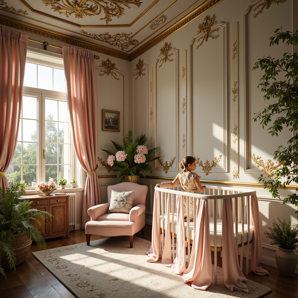 Prompt: Whimsical nursery, soft pastel colors, flowing organic patterns, delicate florals, intricate metalwork, ornate plaster ceilings, luxurious fabrics, velvet drapes, antique furnishings, vintage accessories, warm golden lighting, shallow depth of field, 1/1 composition, romantic atmosphere, dreamy textures, subtle ambient occlusion.