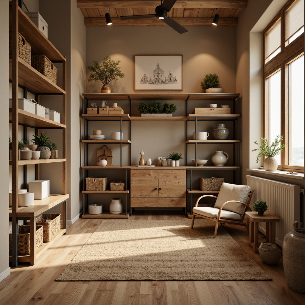 Prompt: Cozy storage room, warm beige walls, soft wooden flooring, modern minimalist shelving units, sleek metal cabinets, woven baskets, natural fiber rugs, subtle LED lighting, calm atmosphere, functional decor, clever storage solutions, space-saving designs, multi-functional furniture pieces, distressed wood accents, industrial-chic metal frames, earthy color palette, intimate scale, 1/1 composition, softbox lighting, realistic textures.