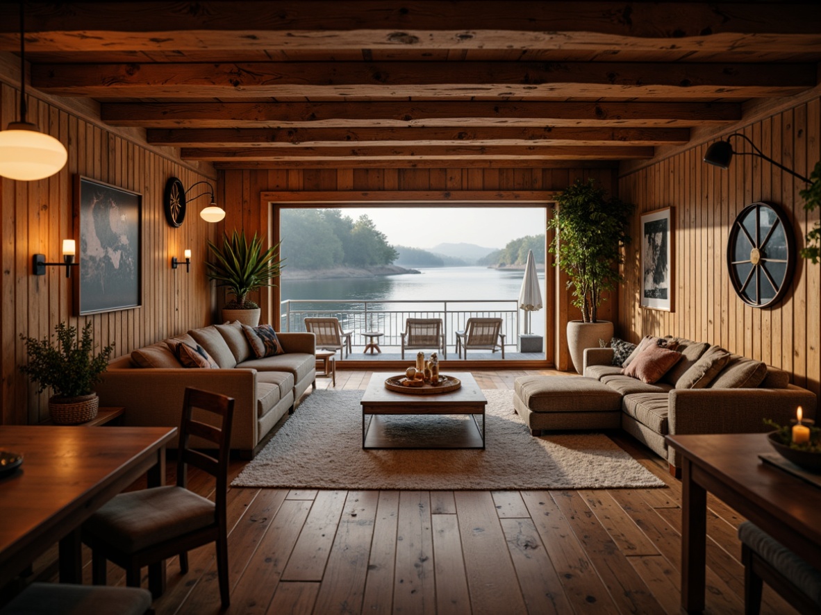 Prompt: Cozy boathouse interior, natural wood accents, rustic wooden beams, reclaimed wood flooring, warm candle lighting, nautical-themed decor, plush furnishings, soft textiles, earthy color palette, organic shapes, waterfront views, serene lake surroundings, misty morning atmosphere, soft warm glow, shallow depth of field, 1/1 composition, realistic wood textures, ambient occlusion.