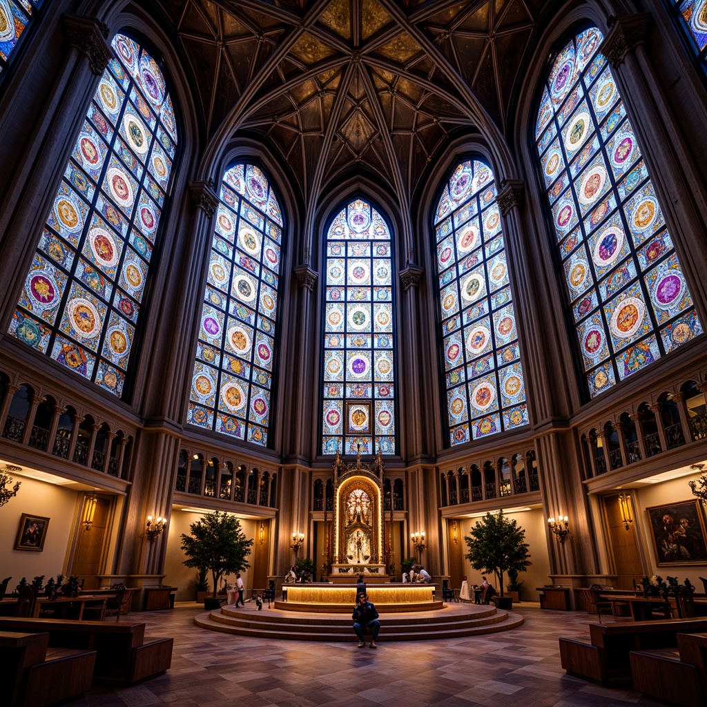 Prompt: Vibrant stained glass windows, intricate geometric patterns, kaleidoscope colors, ornate metal frames, grand cathedral-inspired architecture, majestic interior spaces, dramatic light refractions, warm ambient glow, luxurious materials, rich textures, opulent decorations, elegant furnishings, sophisticated color palette, refined atmosphere, sacred ambiance, heavenly illumination, divine beauty.