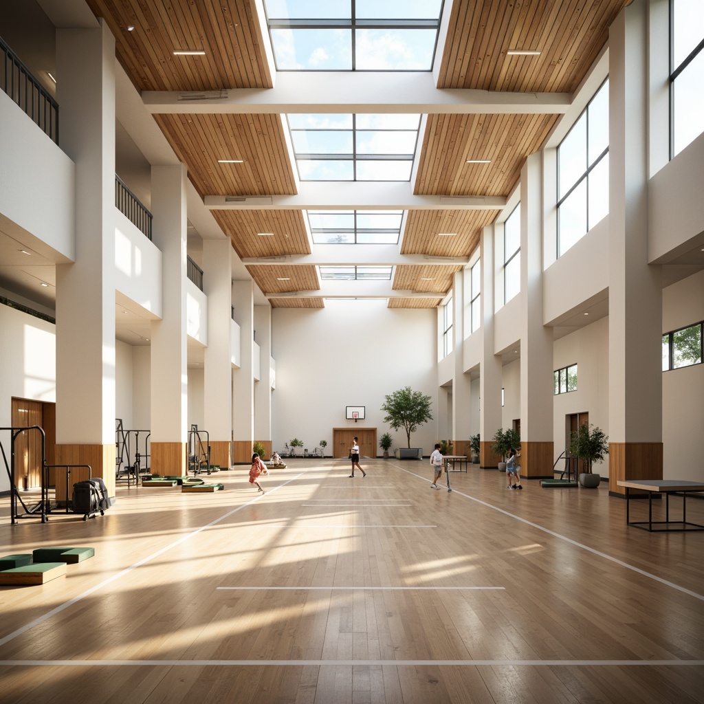 Prompt: Bright gymnasium interior, minimalistic design, natural light pouring through large skylights, polished wooden floors, clean lines, simple shapes, sparse decor, athletic equipment, basketball hoops, tennis tables, weightlifting machines, mirrors, modern LED lighting, soft warm glow, shallow depth of field, 1/1 composition, realistic textures, ambient occlusion.