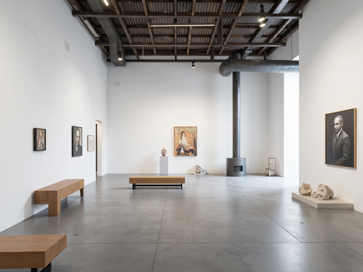 Prompt: Minimalist gallery interior, open space concept, white walls, polished concrete floors, industrial metal beams, exposed ductwork, modern track lighting, sparse decorative elements, sleek wooden benches, geometric sculptures, abstract artwork, natural light pouring in, soft diffused illumination, shallow depth of field, 1/1 composition, realistic textures, ambient occlusion.