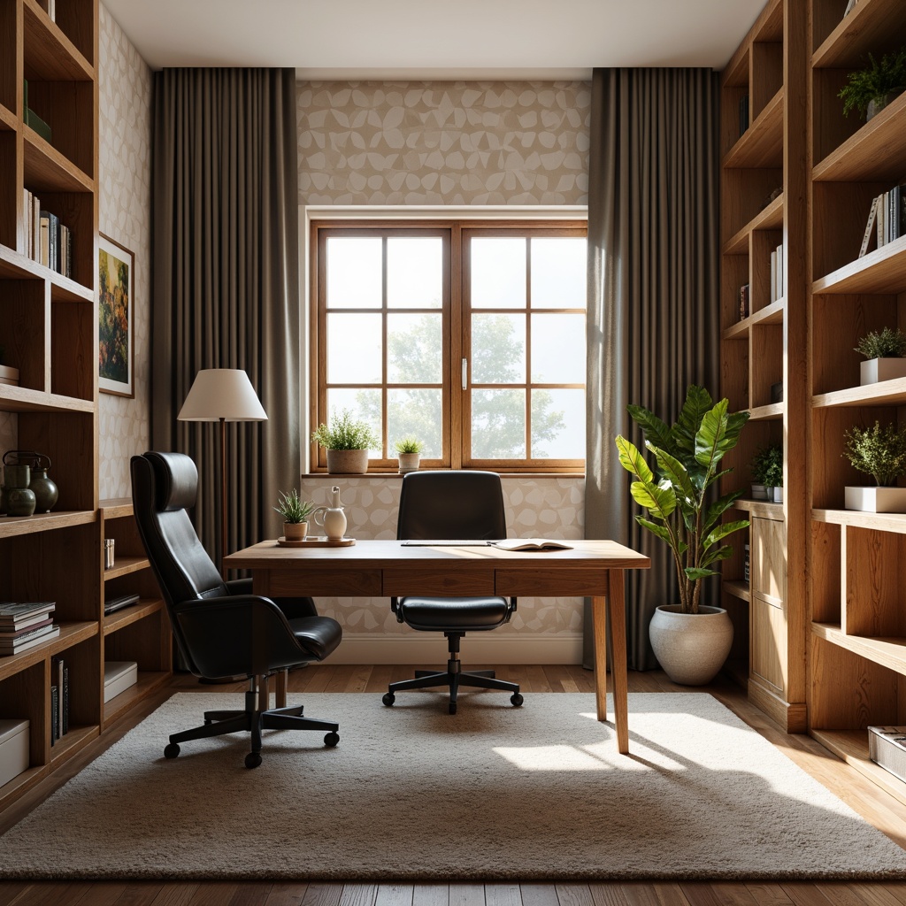 Prompt: Cozy home office, sound-absorbing panels, plush area rug, ergonomic desk, comfortable office chair, noise-reducing curtains, wooden acoustic diffusers, geometric patterned wallpaper, modern minimalist decor, warm soft lighting, shallow depth of field, 3/4 composition, panoramic view, realistic textures, ambient occlusion.