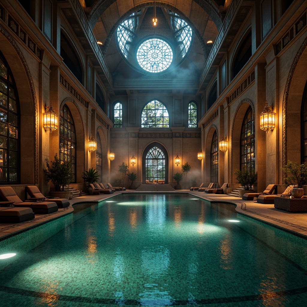 Prompt: Mysterious Gothic swimming pool, ornate stone carvings, mystical stained glass windows, warm golden lighting, dramatic shadows, eerie mist effects, luxurious velvet lounge chairs, ancient-inspired mosaics, grandiose chandeliers, dimly lit corridors, mystical ambiance, 1/2 composition, cinematic mood lighting, realistic water reflections, ambient occlusion.