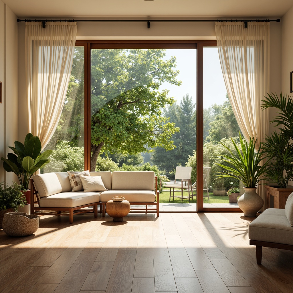 Prompt: Vibrant sunroom interior, abundant natural light, sliding glass doors, minimalist decor, sleek modern furniture, polished wood floors, cream-colored walls, lush greenery, potted plants, sunny day, warm soft lighting, shallow depth of field, 1/1 composition, realistic textures, ambient occlusion, open-plan layout, airy atmosphere, flowing curtains, sheer fabrics, nature-inspired accents.