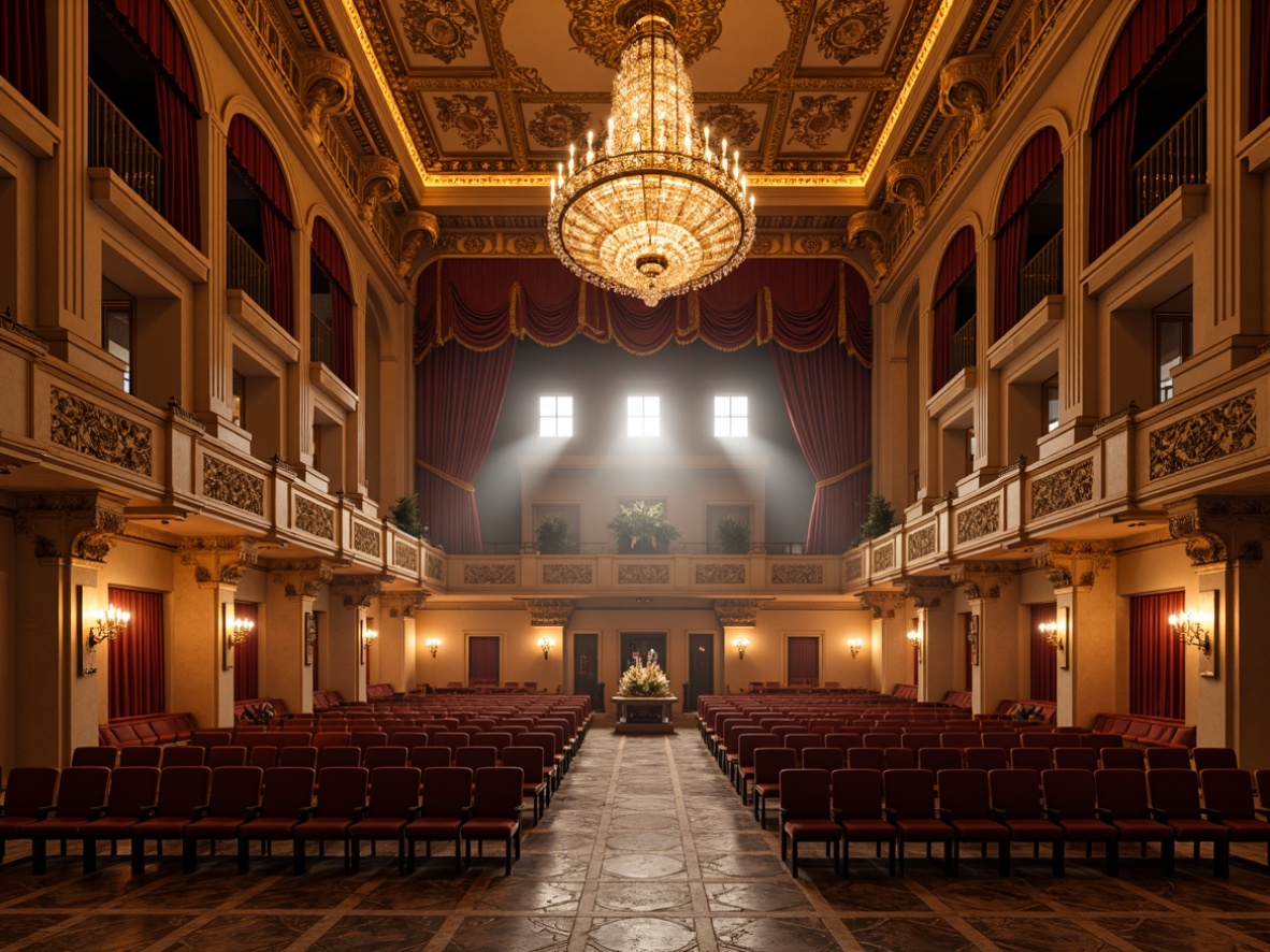 Prompt: Elegant amphitheater interior, classicism style, ornate details, golden accents, luxurious fabrics, velvet drapes, crystal chandeliers, warm soft lighting, subtle shadows, high ceilings, arches, columns, marble floors, intricate moldings, realistic textures, ambient occlusion, warm color palette, dramatic spotlighting, 3-point lighting setup, softbox lights, sidelighting, backlighting, rim lighting, low-key lighting, cinematic atmosphere.