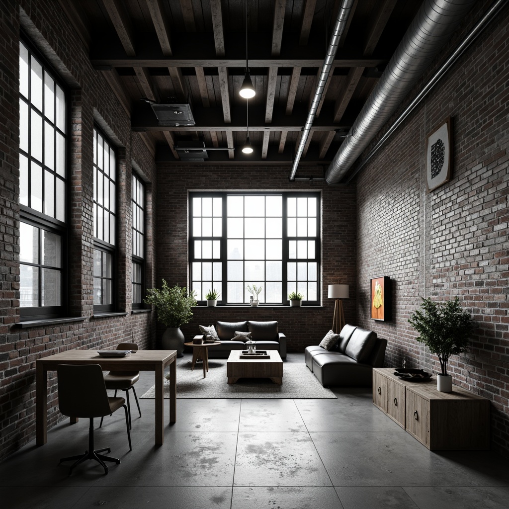 Prompt: Exposed brick walls, metal beams, concrete floors, industrial pipes, reclaimed wood accents, distressed finishes, raw steel surfaces, polished aluminum frames, minimalist decor, urban loft atmosphere, natural light pouring in, high ceilings, functional lighting fixtures, utilitarian aesthetic, brutalist architecture, monochromatic color palette, dramatic shadows, low-key ambient lighting, cinematic composition, atmospheric depth of field.