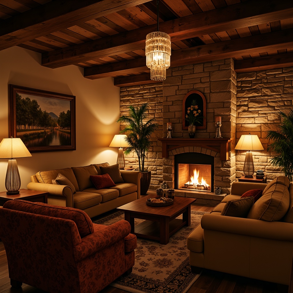 Prompt: Cozy living room, warm ambient lighting, soft glow, table lamps, floor lamps, pendant lights, crystal chandeliers, rustic wooden ceiling beams, plush velvet sofas, earthy tone color palette, natural stone walls, dimmable LED lights, warm white light bulbs, layered lighting effects, relaxed atmosphere, intimate setting, 1/2 composition, shallow depth of field, soft focus.