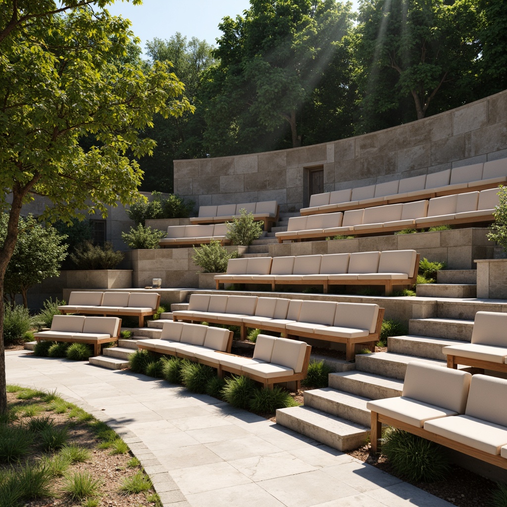 Prompt: Amphitheater seating area, curved rows, comfortable cushioned chairs, stainless steel frames, wooden accents, modern minimalist design, natural stone flooring, stepped platforms, lush greenery surroundings, warm sunny day, soft diffused lighting, 1/1 composition, shallow depth of field, realistic textures, ambient occlusion.