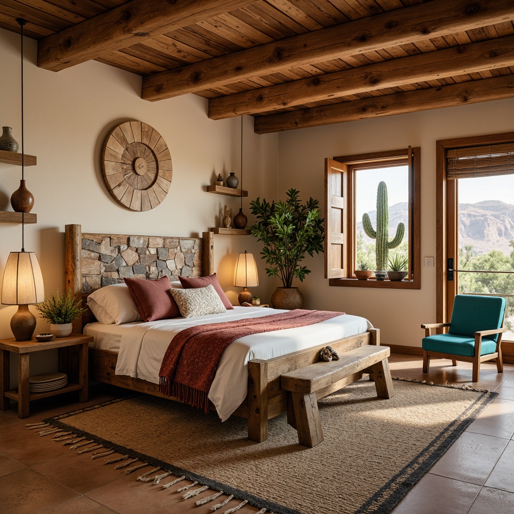 Prompt: Southwestern bedroom, rustic wooden furniture, earthy tones, turquoise accents, woven textiles, patterned rugs, natural fiber upholstery, reclaimed wood headboard, wrought iron bed frame, desert-inspired landscape, cactus plants, warm sandy colors, vintage Native American pottery, handmade ceramics, soft warm lighting, cozy ambiance, 1/1 composition, shallow depth of field, realistic textures.