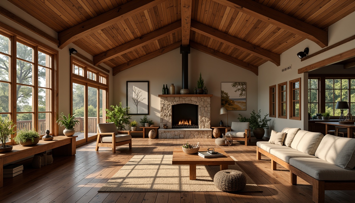 Prompt: Cozy craftsman interior, wooden beam ceilings, rustic wooden floors, earthy color palette, natural stone fireplaces, wooden furniture, woven textiles, warm ambient lighting, soft focus, shallow depth of field, 2/3 composition, realistic wood textures, subtle grain details.