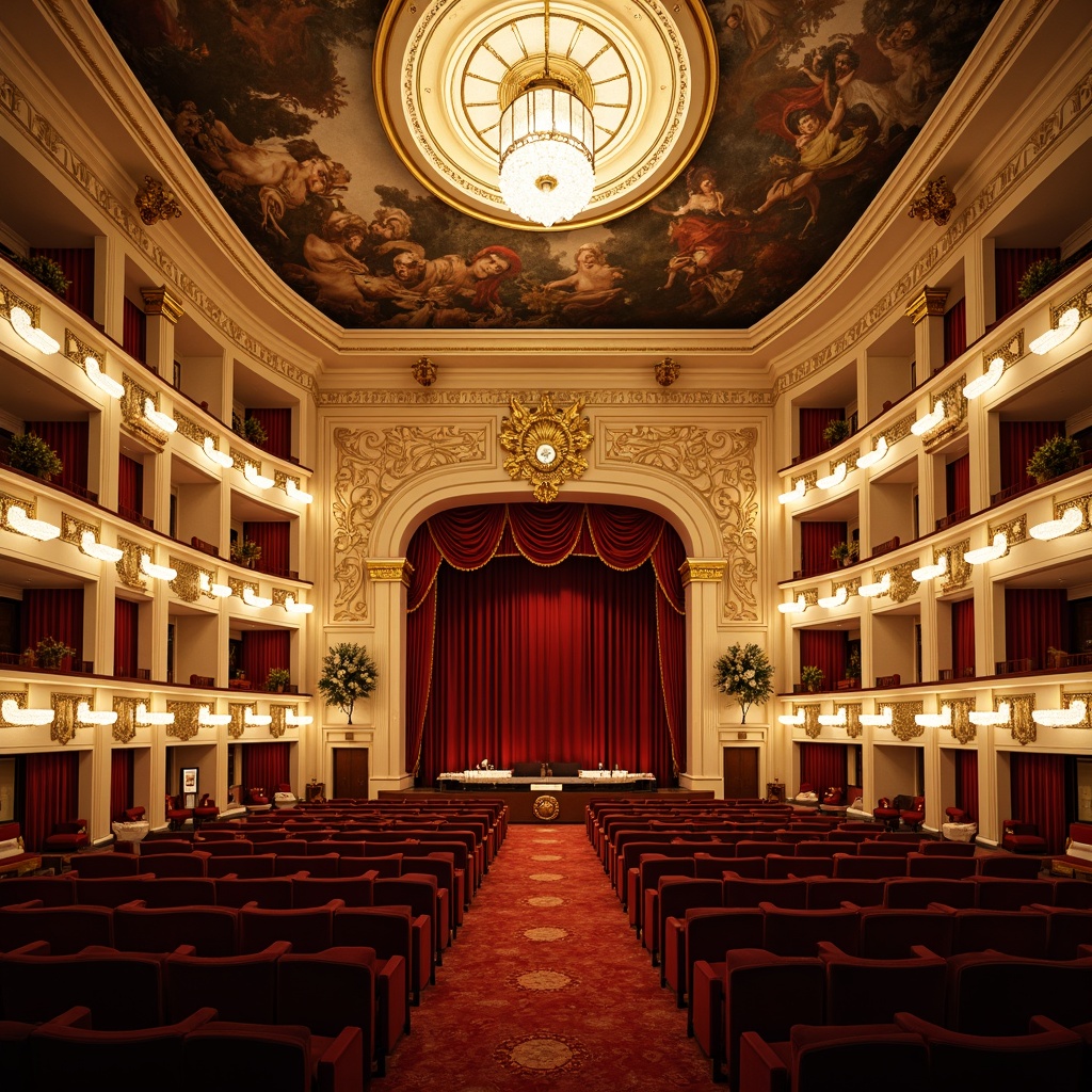 Prompt: Grand theater interior, neoclassical architecture, ornate details, golden accents, velvet drapes, crystal chandeliers, warm soft lighting, subtle shadows, dramatic spotlights, fresco ceilings, marble columns, intricate moldings, red carpeting, luxurious fabrics, elegant furnishings, refined color palette, warm beige tones, soft cream hues, ambient glow, low-key illumination, 1/2 composition, shallow depth of field, realistic textures.