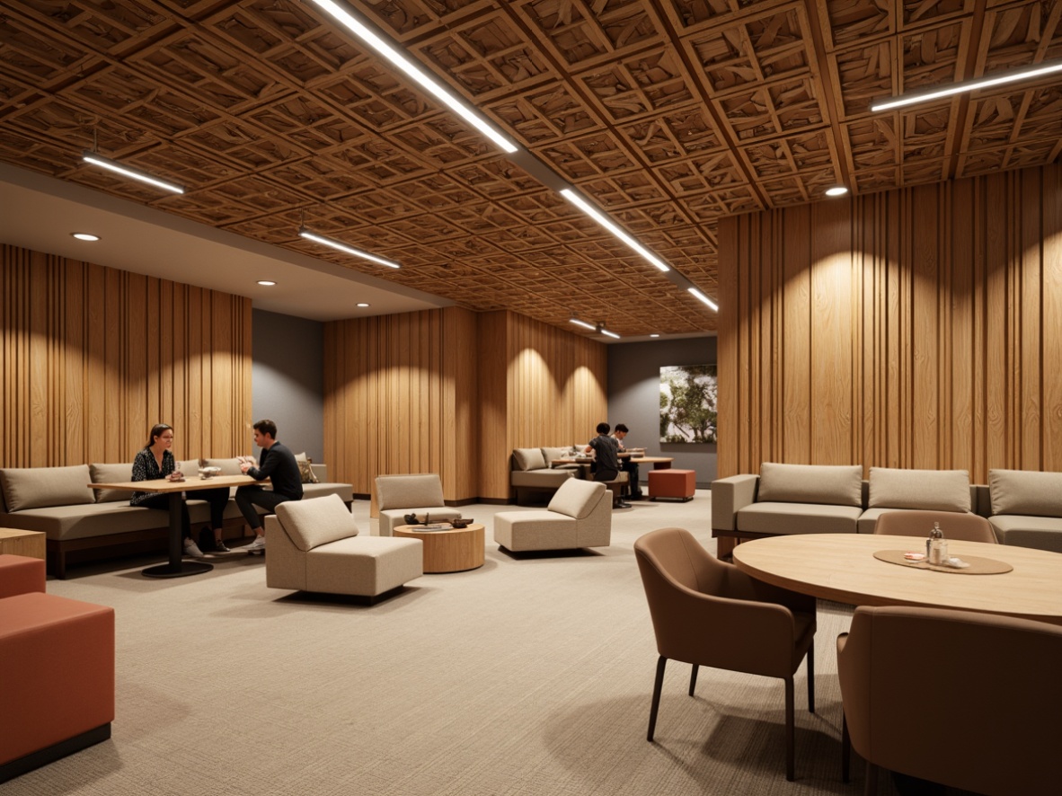 Prompt: Wooden paneling, sound-absorbing materials, geometric patterns, modern furniture design, cozy atmosphere, warm lighting, comfortable seating areas, collaborative study spaces, minimalist decor, natural wood accents, earthy color palette, soft carpet flooring, acoustic ceiling tiles, diffused overhead lighting, 3/4 composition, intimate setting, realistic textures, ambient occlusion.