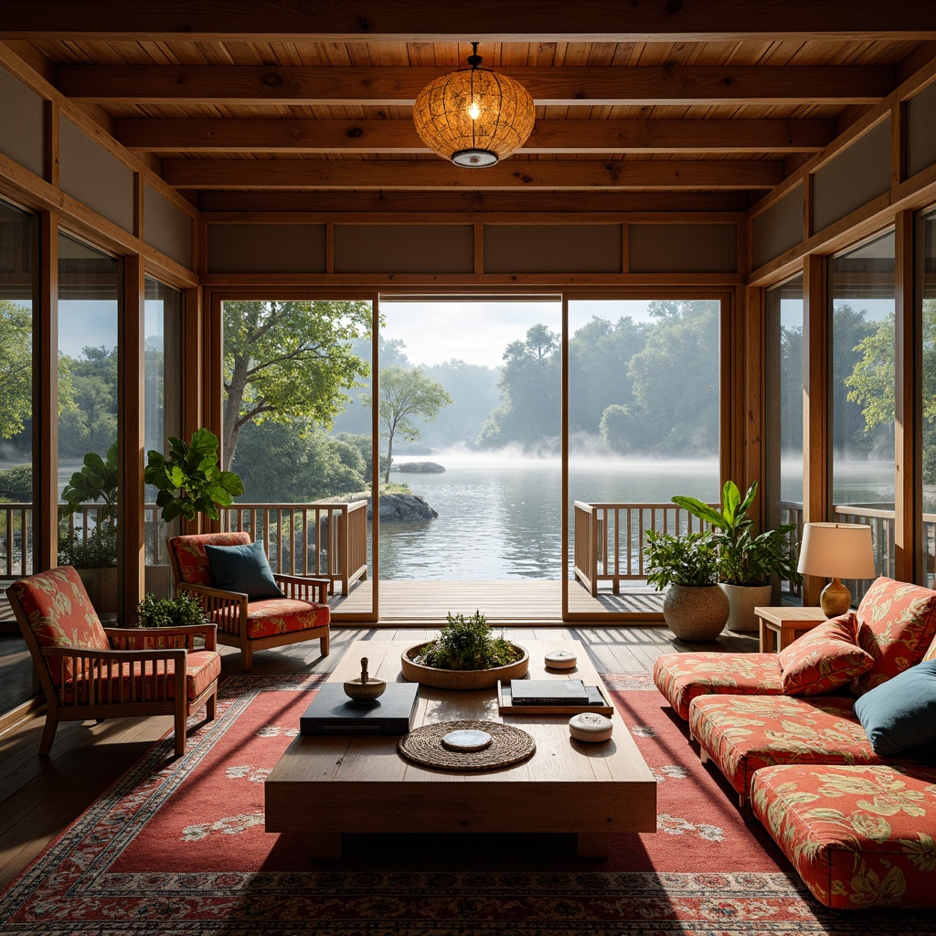 Prompt: Cozy boathouse interior, Asian-inspired decor, natural wood accents, woven bamboo furniture, vibrant silk fabrics, intricate batik patterns, soft cushions, plush throw blankets, warm lighting, lantern-style lamps, traditional Japanese shoji screens, sliding glass doors, waterfront views, lush greenery, serene lake scenery, misty morning atmosphere, shallow depth of field, 1/1 composition, realistic textures, ambient occlusion.