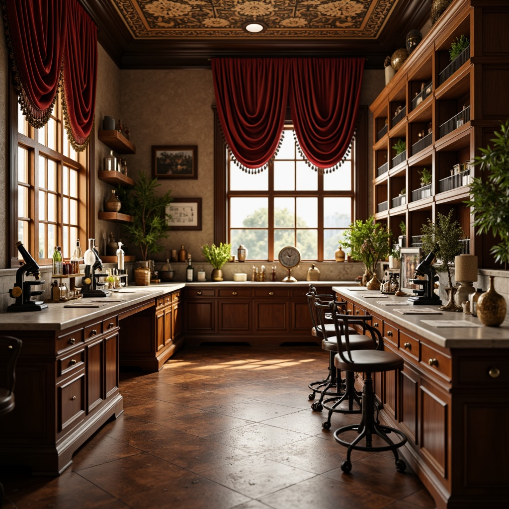 Prompt: Elegant laboratory interior, classic ornate furniture, rich wood tones, polished marble countertops, antique scientific instruments, vintage microscopes, ornate metal shelving, luxurious velvet drapes, warm golden lighting, shallow depth of field, 1/1 composition, symmetrical arrangement, realistic textures, ambient occlusion.