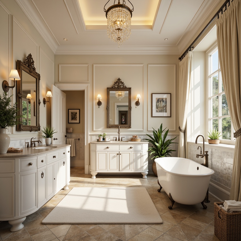 Prompt: Elegant bathroom, Carrara marble countertops, white subway tiles, polished chrome fixtures, ornate mirrors, freestanding tubs, warm beige limestone flooring, soft cream-colored walls, traditional cabinetry, oil-rubbed bronze hardware, crystal chandeliers, ambient lighting, natural stone accents, luxurious textiles, subtle patterns, timeless color palette, serene atmosphere, 1/2 composition, soft focus, warm golden lighting.