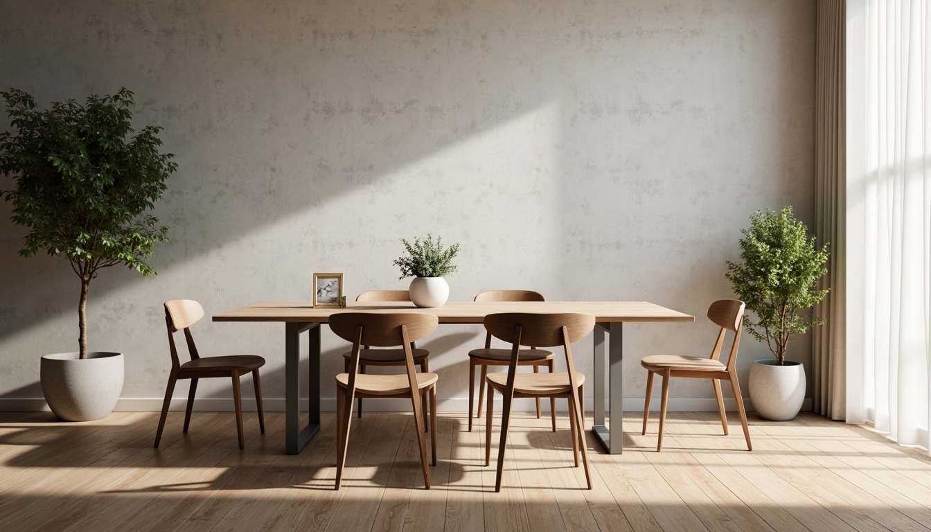 Prompt: Simple dining table, minimalist chair design, monochromatic color scheme, sleek metal legs, wooden floorboards, natural stone walls, ambient soft lighting, 1/1 composition, shallow depth of field, realistic wood textures, subtle shadows, elegant simplicity, refined modern aesthetic, Scandinavian-inspired decor, airy open space, uncluttered atmosphere.