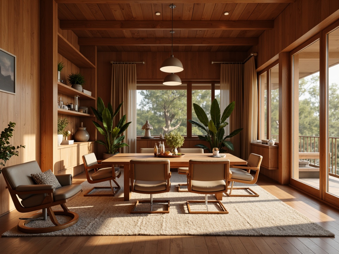 Prompt: Mid-century modern dining room, warm wooden tones, sleek lines, organic shapes, walnut tables, Eames chairs, tufted upholstery, geometric patterns, minimalist decor, pendant lighting fixtures, natural textiles, earthy color palette, retro-inspired accessories, 3/4 composition, shallow depth of field, soft warm lighting, realistic wood textures, ambient occlusion.